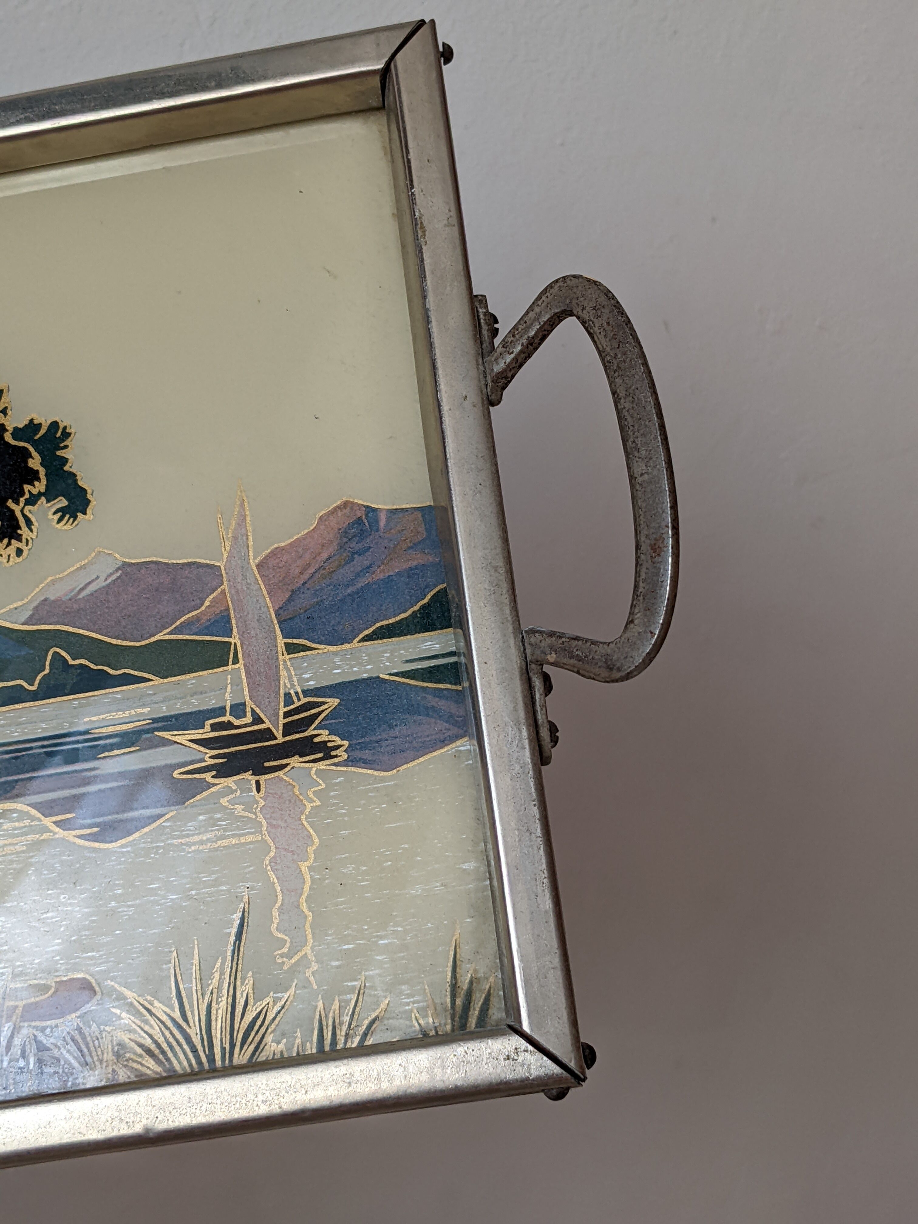 Plateau ancien vintage verre et métal