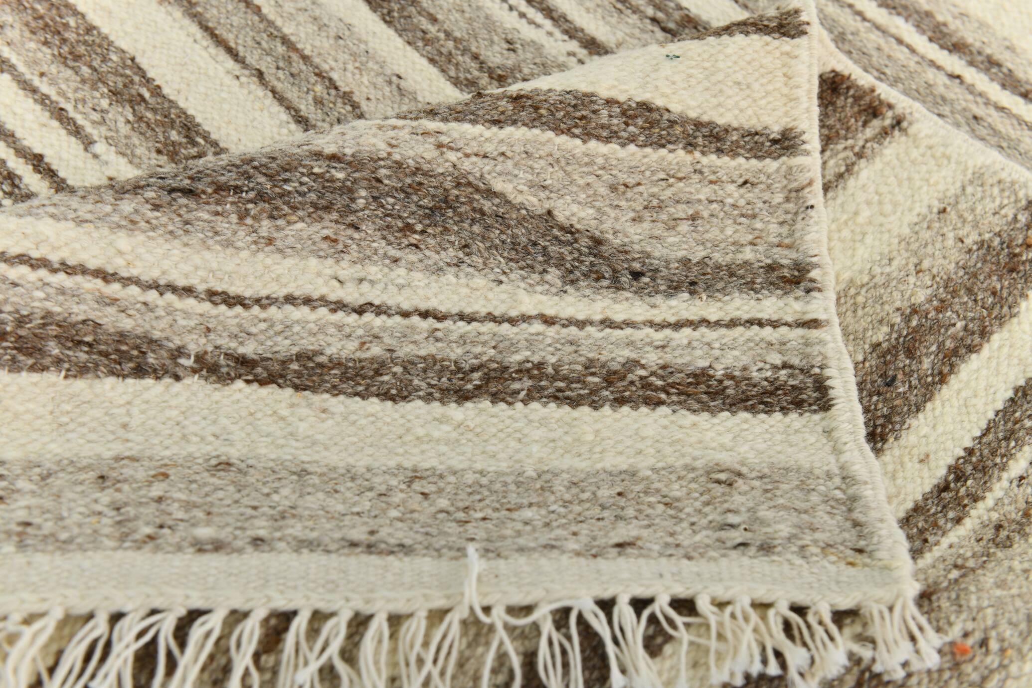 8x11 Brown Beige Minimalist Handmade Wool Kilim Rug, 226x350Cm