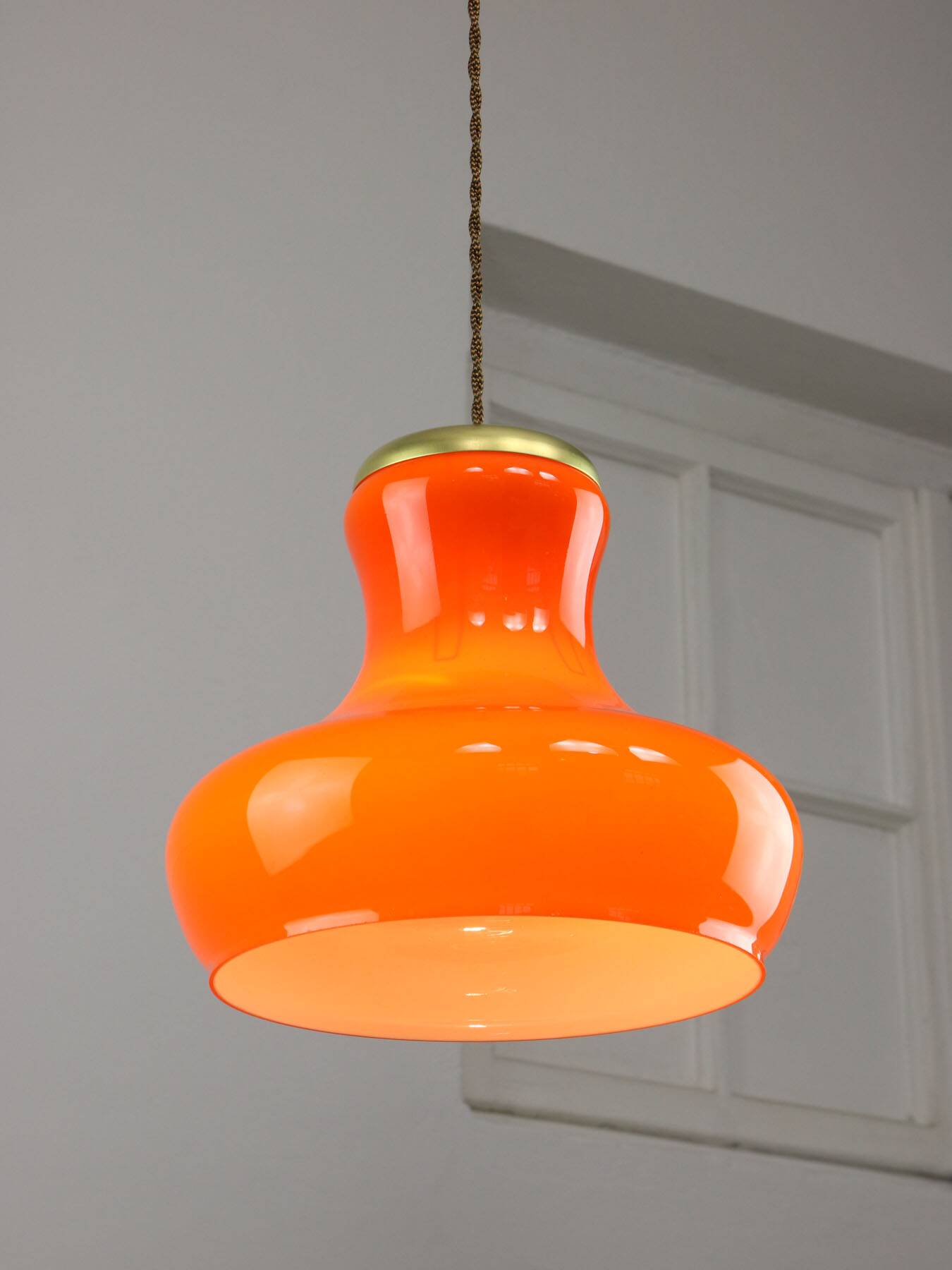 Mid-Century Modern Italian Orange Glass and Brass Pendant Lamp