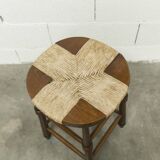 Brutalist stool in wood and straw, 1960s, 59cm