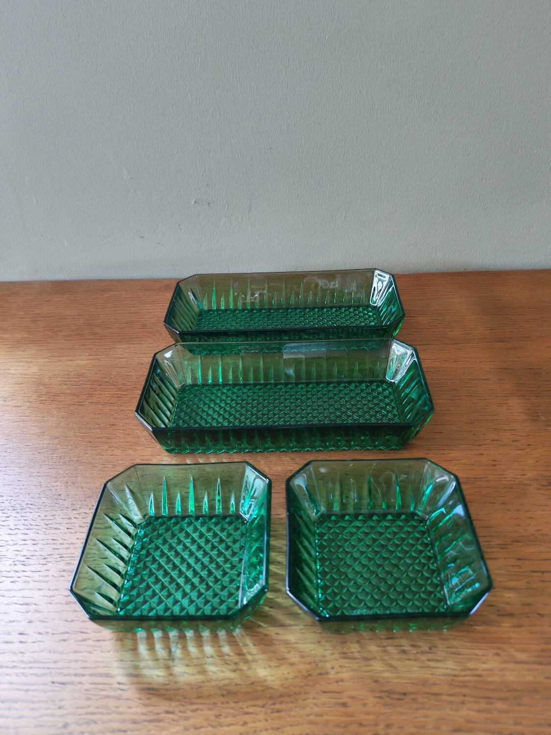 Set of 4 vintage green glass dishes