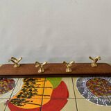 Vintage wooden wall coat rack with 4 double golden aluminum hooks