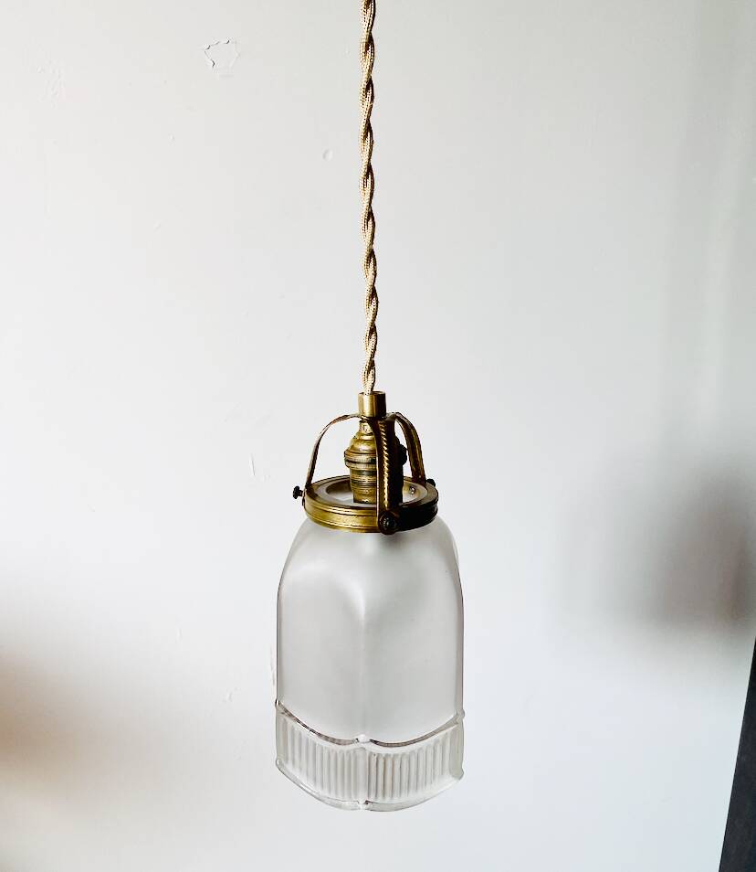 Glass pendant light, 2m braided fabric cable, porcelain ceiling rose