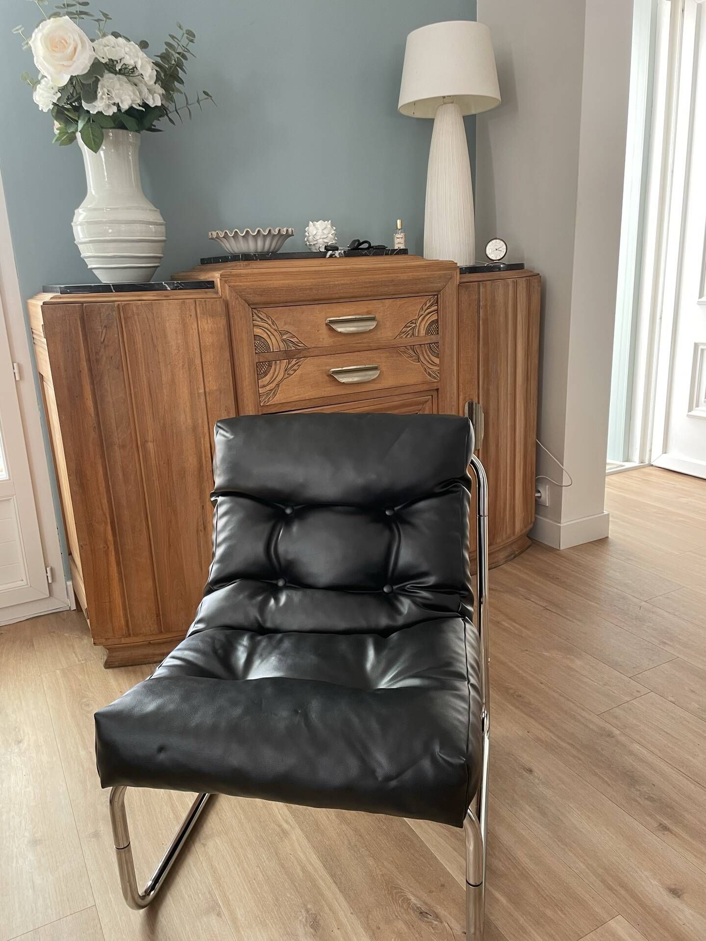 Vintage IKEA Pixi armchair, stainless steel, faux leather.