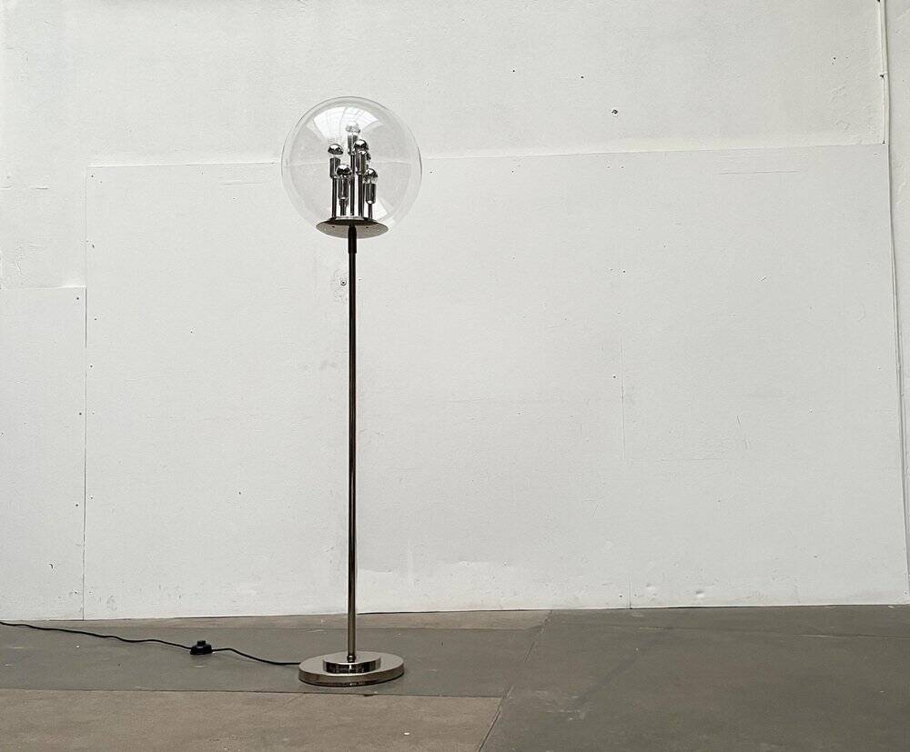 Spherical chrome and glass planetary floor lamp from the mid-century German space age by Doria Leuchten, 1960s.