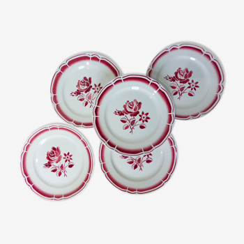 5 assiettes plates à fleurs rouges