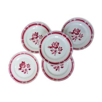 5 assiettes plates à fleurs rouges