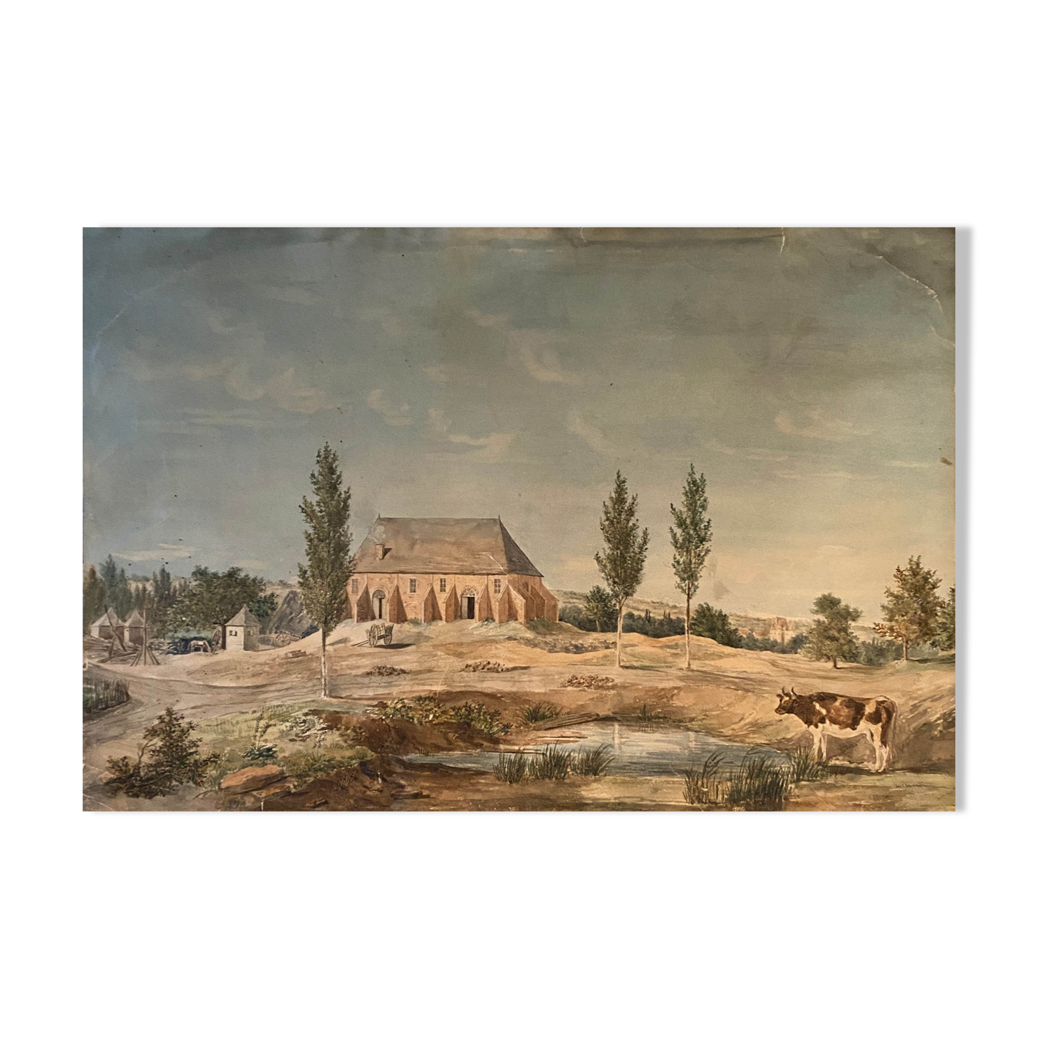 Watercolor painting "Landscape with Abbey village and pasture" XIXth century