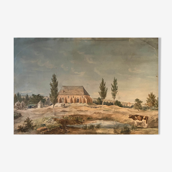 Tableau aquarelle "Paysage avec Abbaye village et pâturage" XIX° siècle