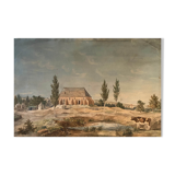 Tableau aquarelle "Paysage avec Abbaye village et pâturage" XIX° siècle