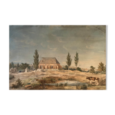 Watercolor painting "Landscape with Abbey village and pasture" XIXth century