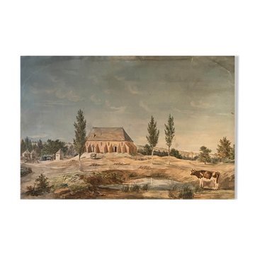 Watercolor painting "Landscape with Abbey village and pasture" XIXth century