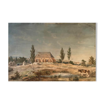 Tableau aquarelle "Paysage avec Abbaye village et pâturage" XIX° siècle