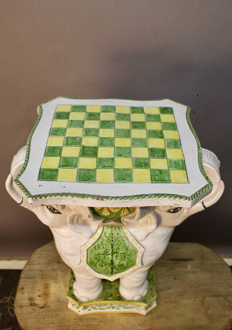 "Elephants" design chess table, enamelled, hand-painted.