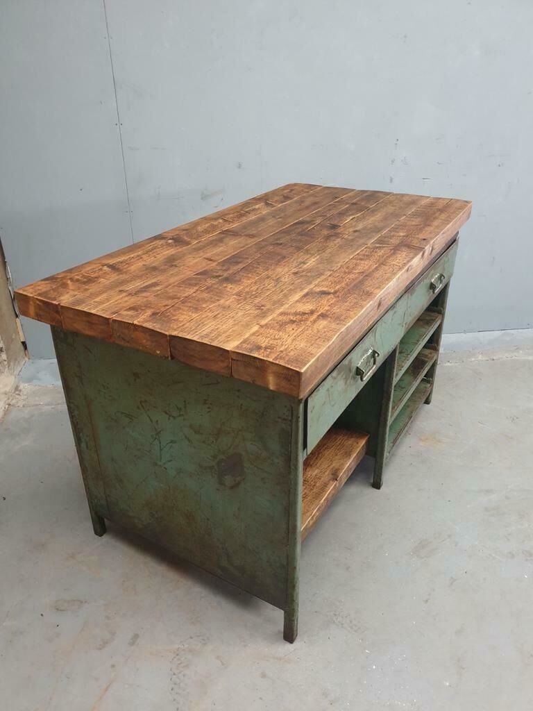 Industrial workbench kitchen island sideboard sea green with drawers
