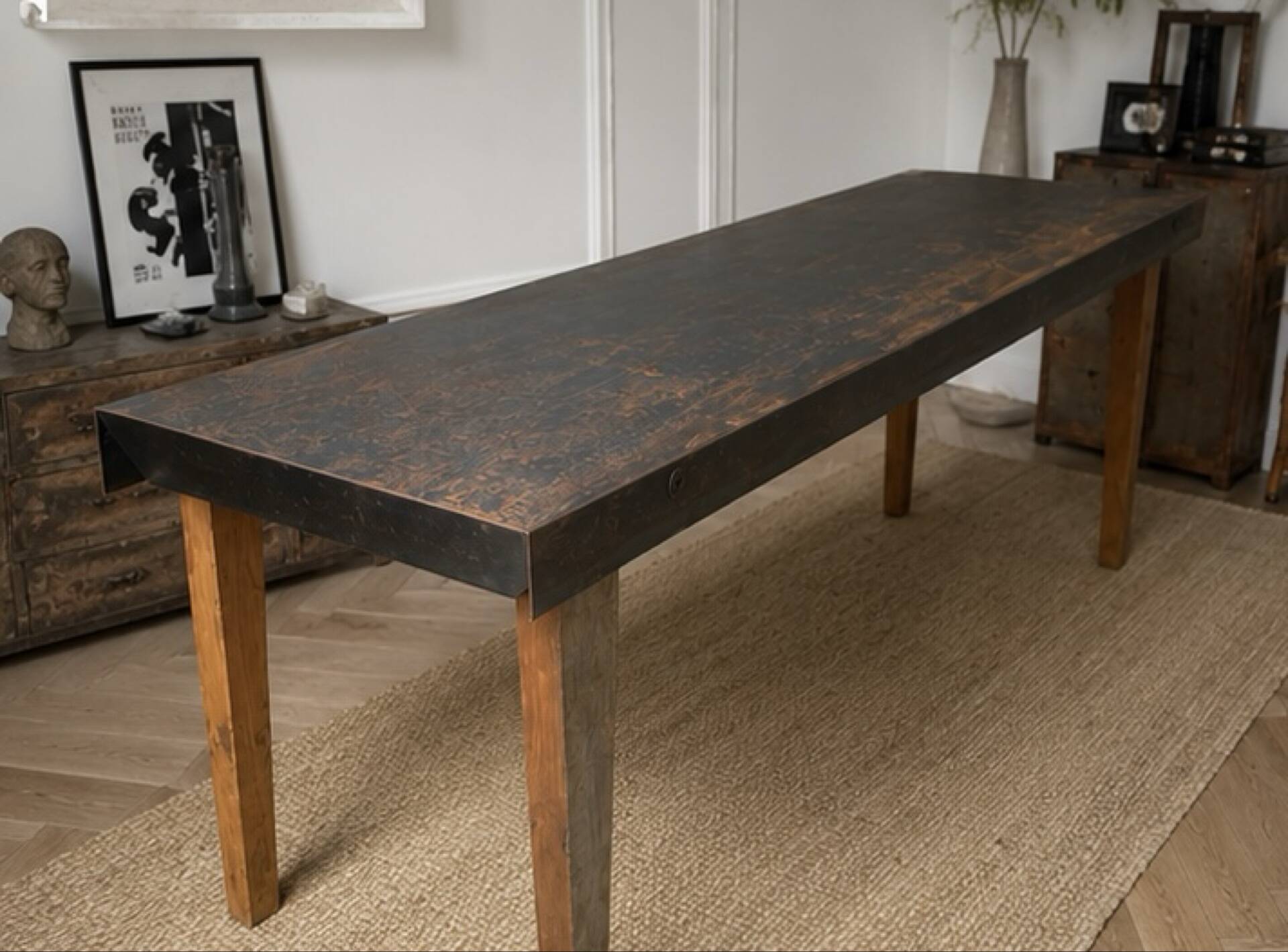 Grande table industrielle années 50 acier et bois 200cm