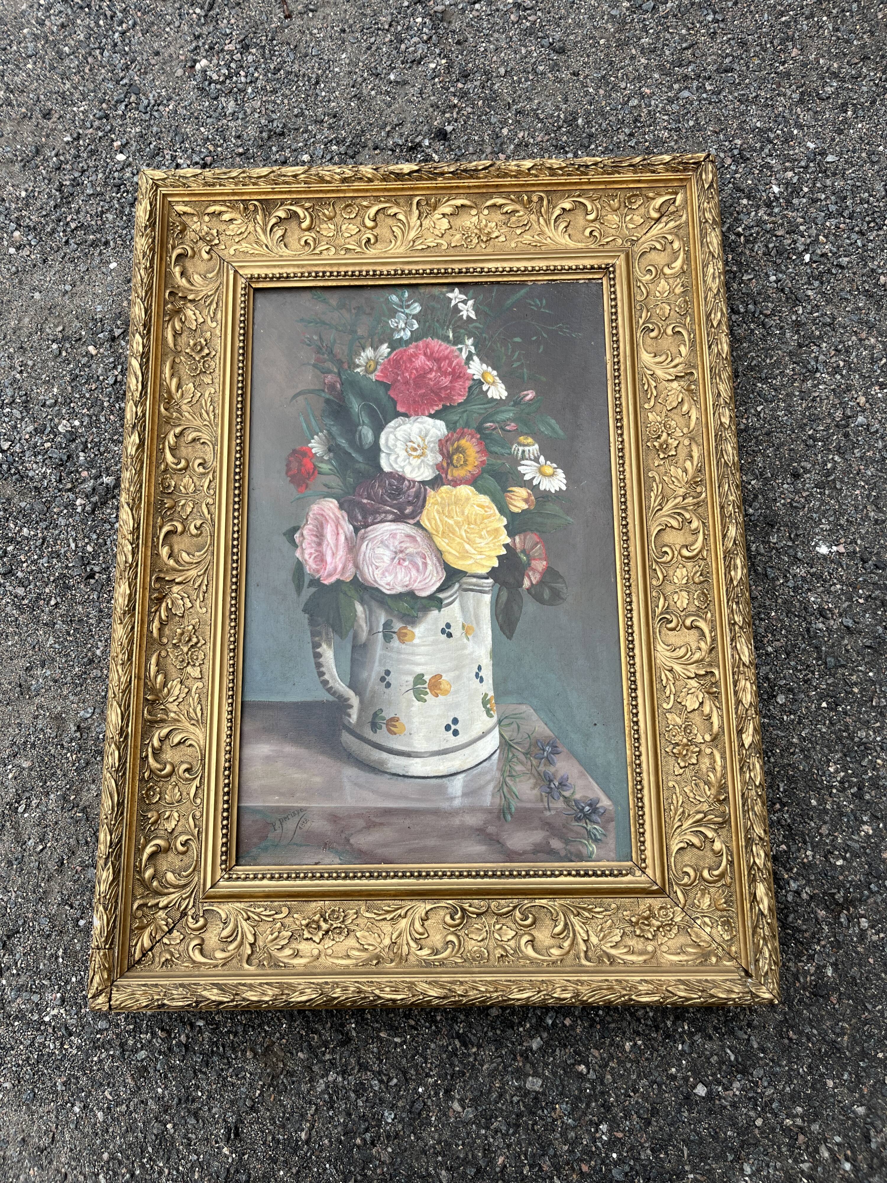 Oil on canvas, old, signed P. Perrisse, dated 1888, bouquet of flowers.