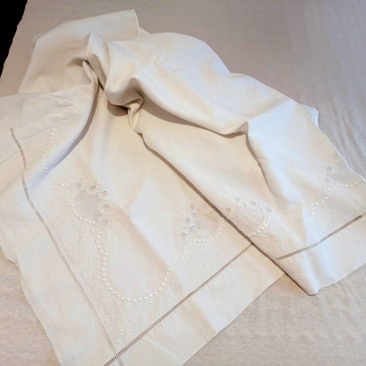 Large hand-embroidered antique linen bed sheet