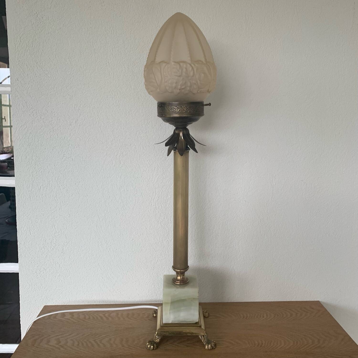 Large Art Deco column lamp metal Onyx frost glass