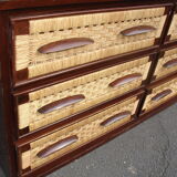 Six-drawer mahogany and straw chest of drawers, circa 1950, made in Mexico