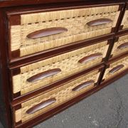 Six-drawer mahogany and straw chest of drawers, circa 1950, made in Mexico