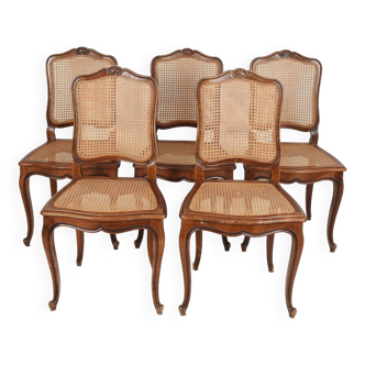 Series of 5 cane chairs, backs and seats, Louis XV style