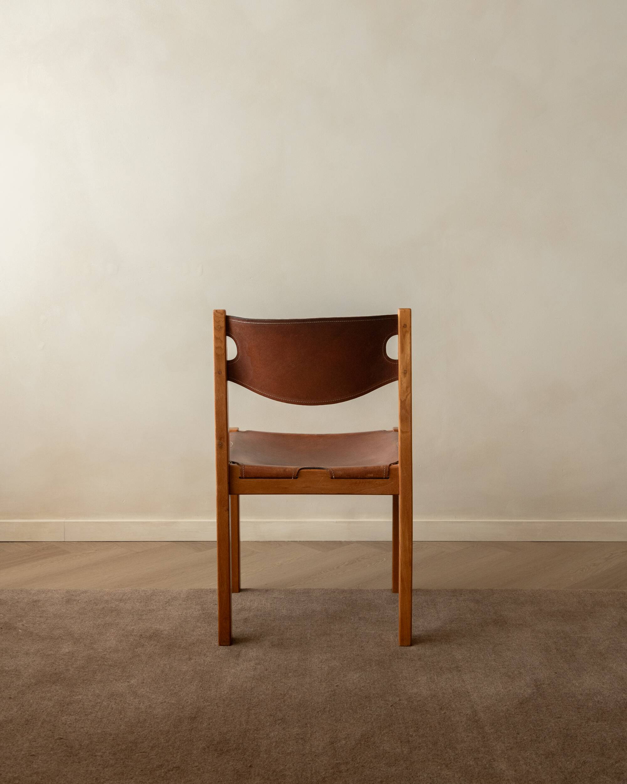 Brutalist Elm and Leather Dining Chairs by Maison Regain, 1970s, Set of 4