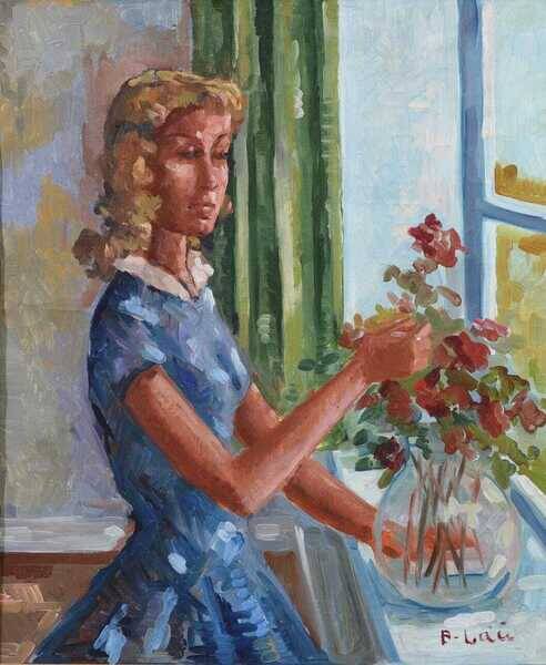 Original Swedish oil on canvas – “Woman with Flowers” by Bendt Lauritzen – signed, framed 82 × 72 cm (32.3" × 28.3")