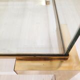 Coffee table with sliding shelf in lucite, brass and glass, Hollywood Regency