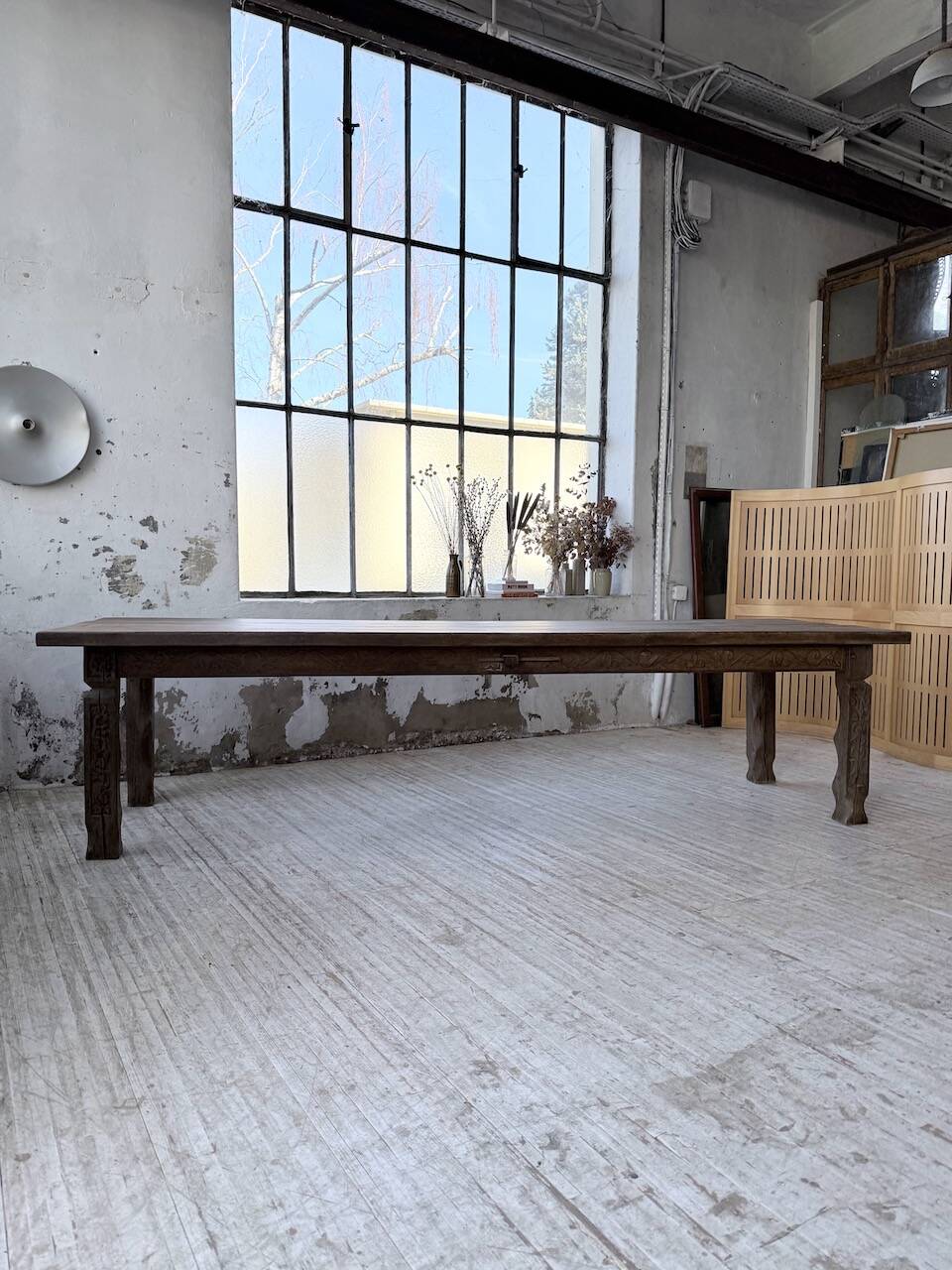XL farmhouse table in solid oak, brutalist style, 20th century.