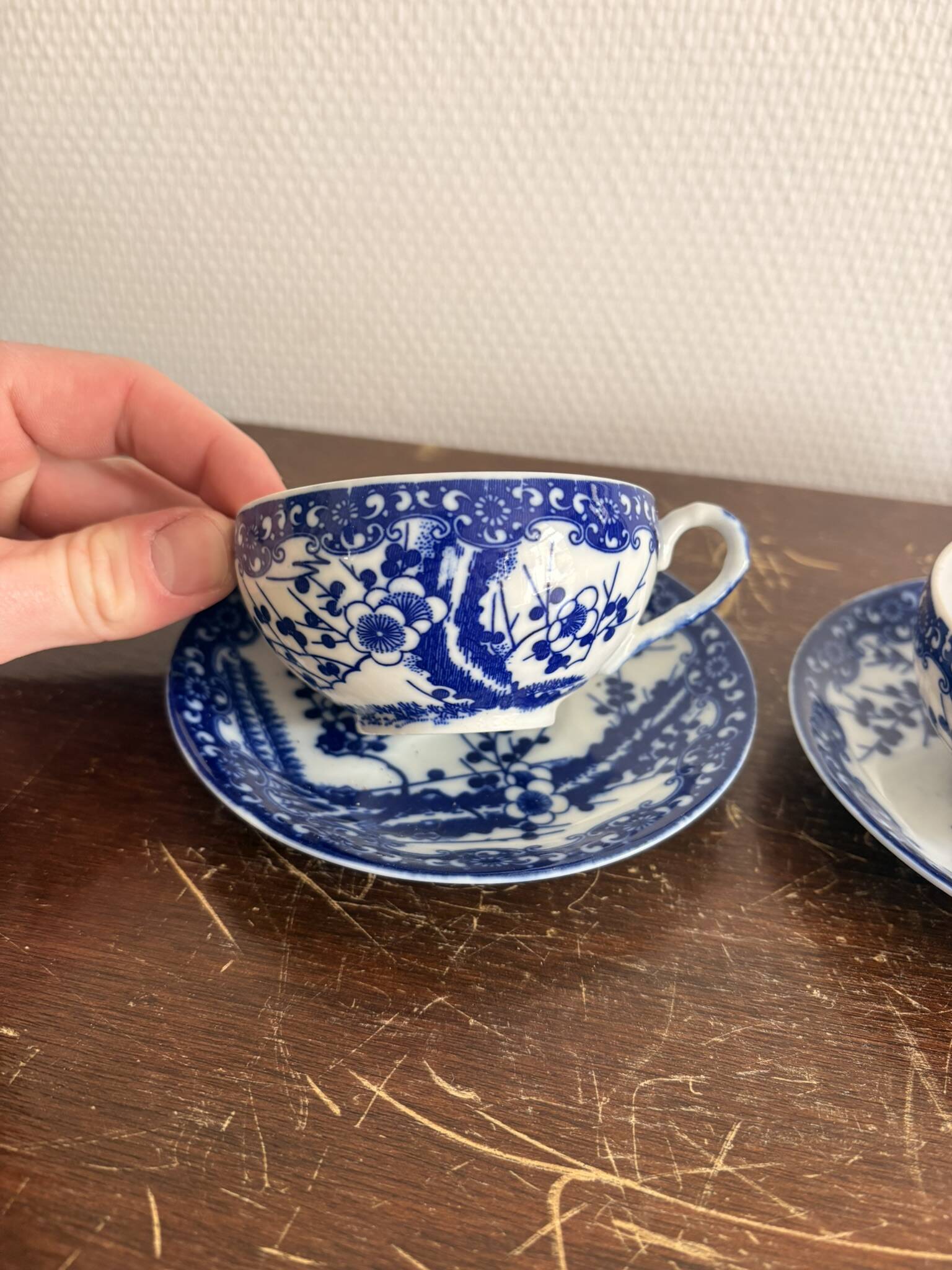 Set of Two Japanese Porcelain Tea Cups Blue and White Sometsuke Plum Blossom Decor