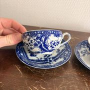 Set of Two Japanese Porcelain Tea Cups Blue and White Sometsuke Plum Blossom Decor