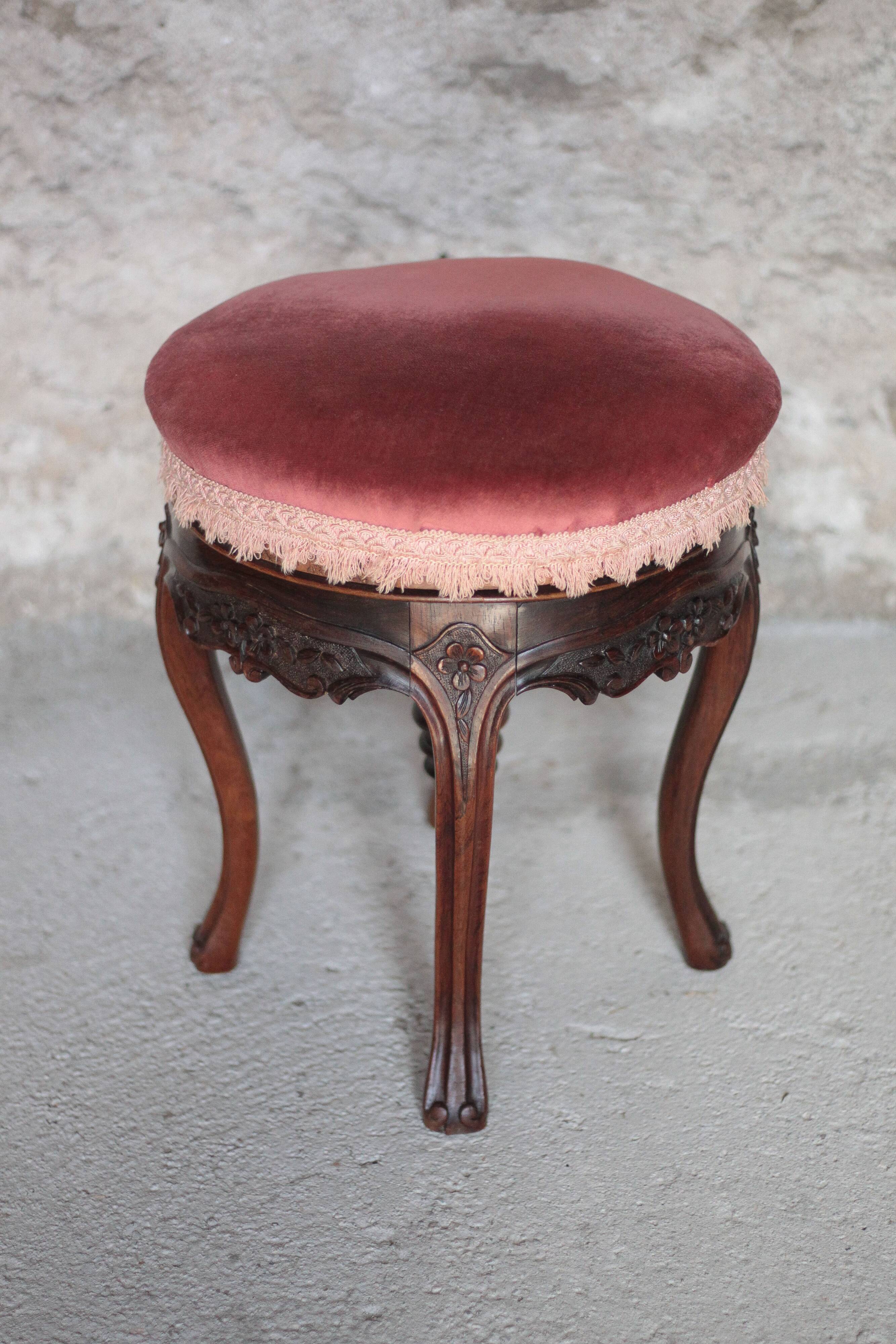 Victorian style stool, wooden and pink velvet stool, piano stool