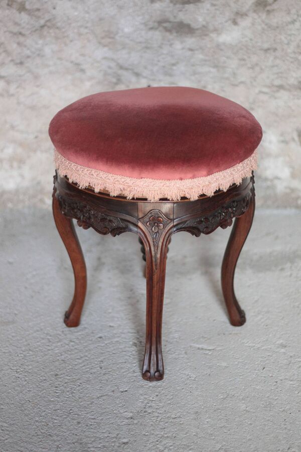 Tabouret victorien style, tabouret bois et velours rose, tabouret de piano