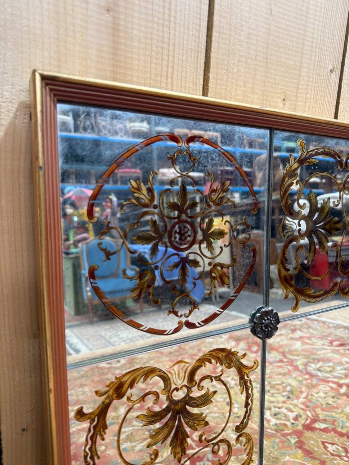 Miroir de brasserie Art Nouveau – Verre églomisé – Bois laqué – Bronze