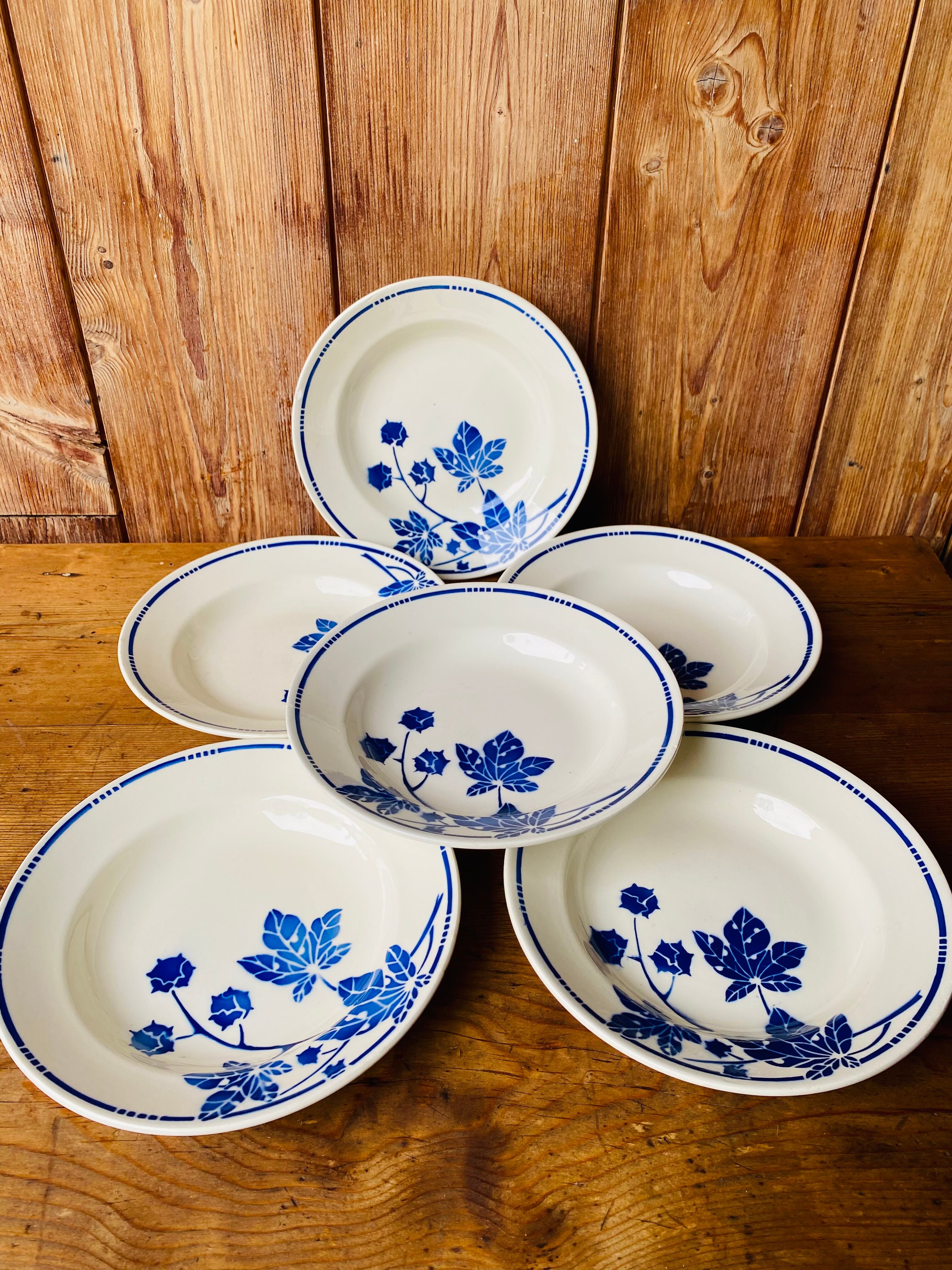 Set of 6 old hollow plates Badonvilleliers blue flower pattern