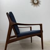 Set of 2 Scandinavian design teak armchairs from the 60s, new blue fabric