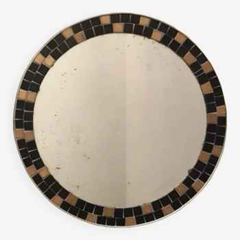 large round mirror with laion rim and enameled ceramic, 1950