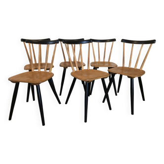 Set de 6 chaises vintage à barreaux et pieds compas