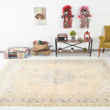 7x10 beige & navy blue vintage rug, 215x302cm