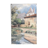 Watercolor painting of a castle and village, early 20th century