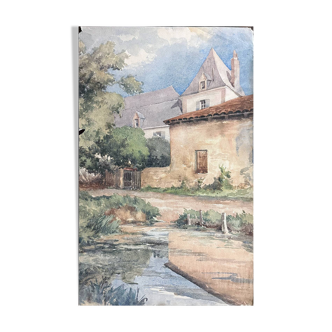 Watercolor painting of a castle and village, early 20th century