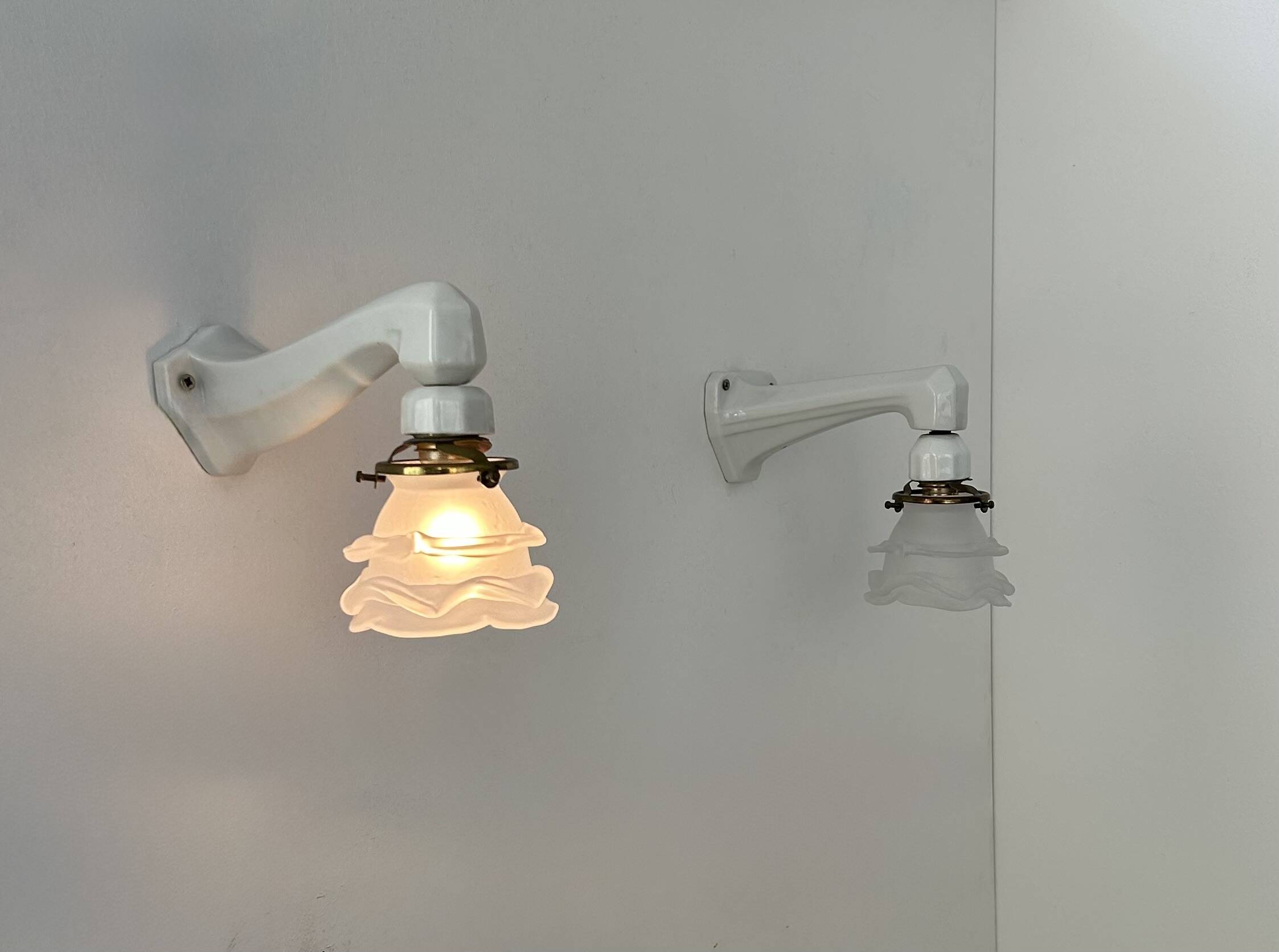 Pair of vintage art deco wall lights, porcelain and sandblasted glass, France 1930