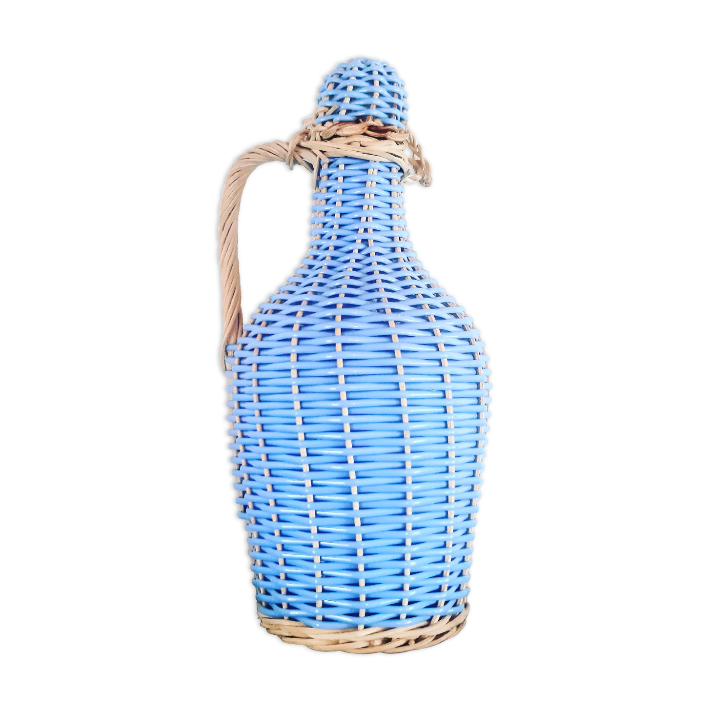 Bottle of wicker and scoubidou yarn from the 60s