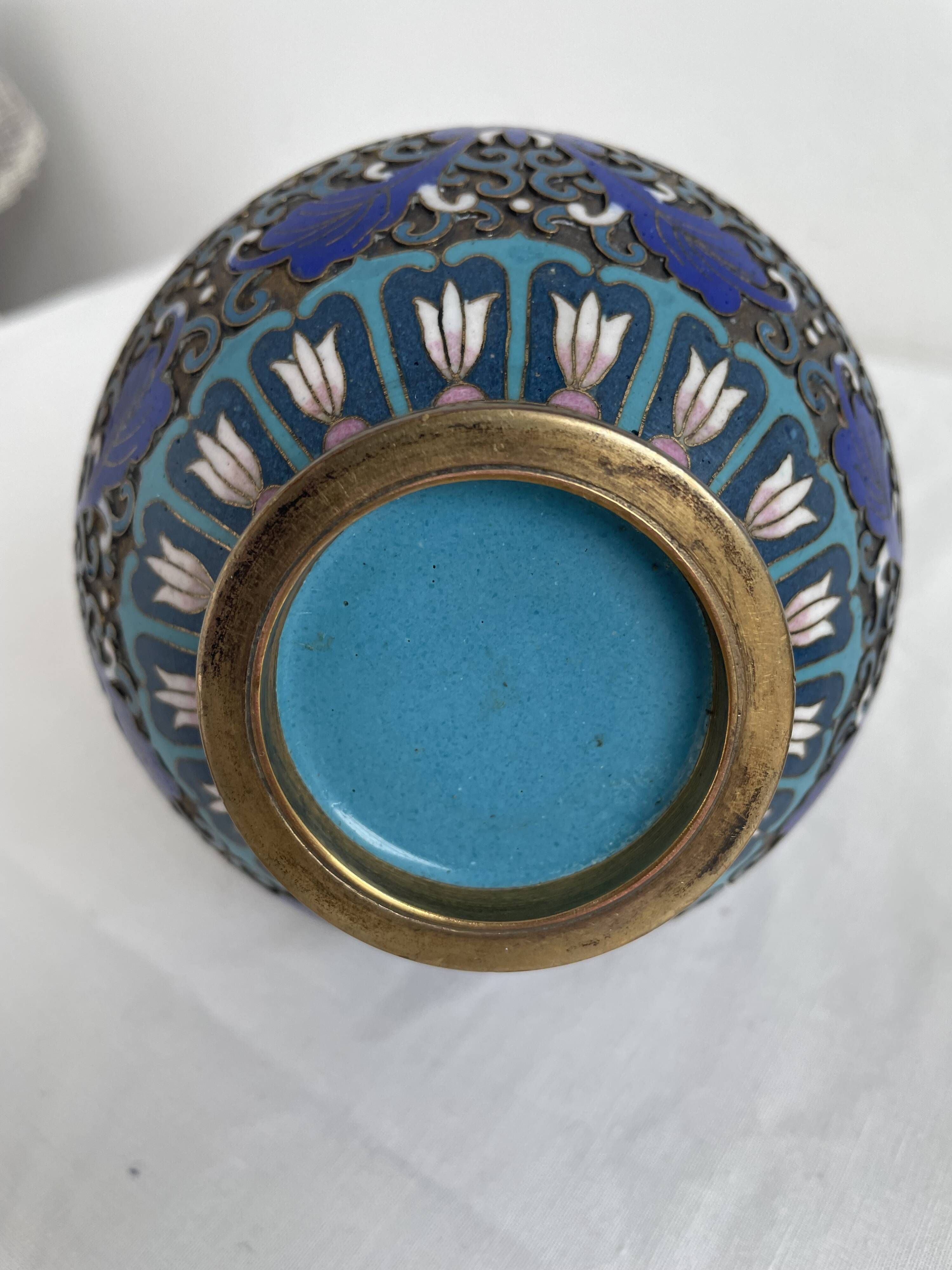 Vintage, pair of vases, Chinese, cloisonné metal, enameled, polychrome floral decor, golden hoop