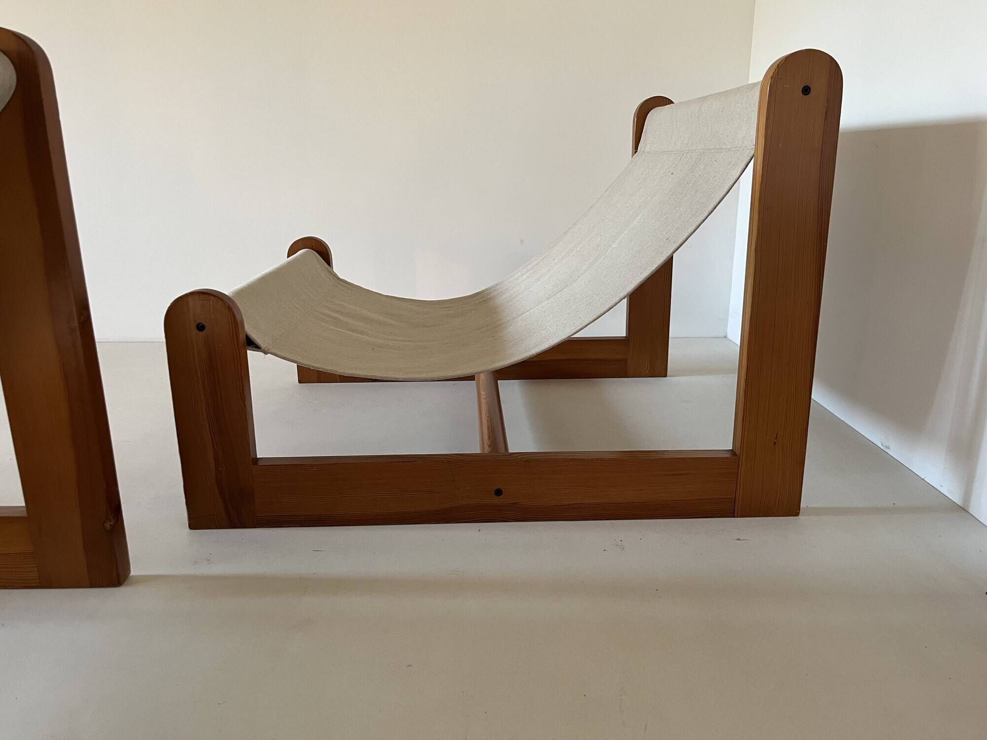 Sling chair in pine, canvas and sheepskin, 1970s