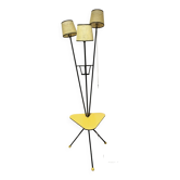 Lampadaire tripode mid- century à 3 feux et tablette jaune
