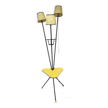 Mid-century tripod floor lamp with 3 lights and a yellow shelf.