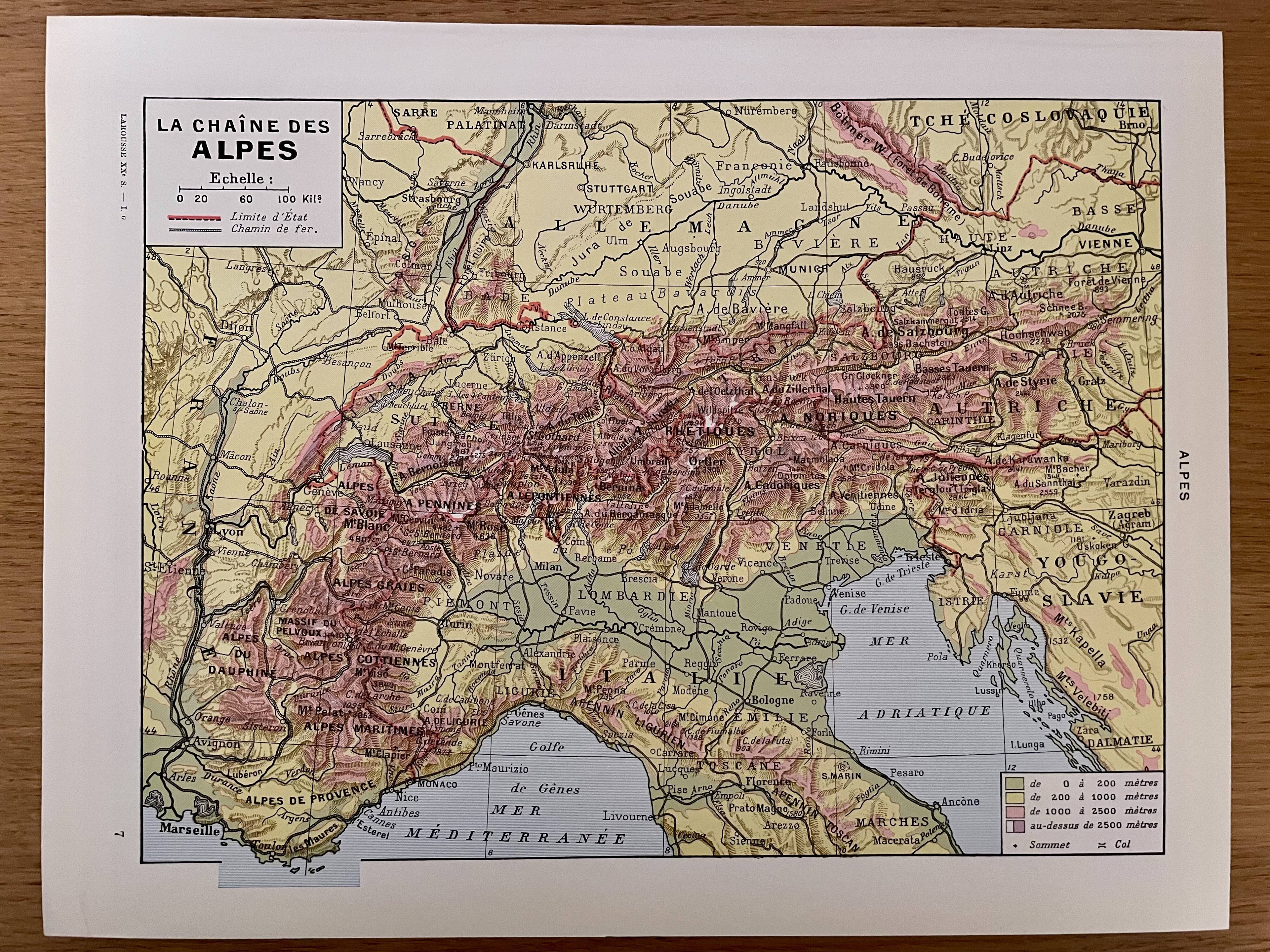 Old map of the Alps from 1928