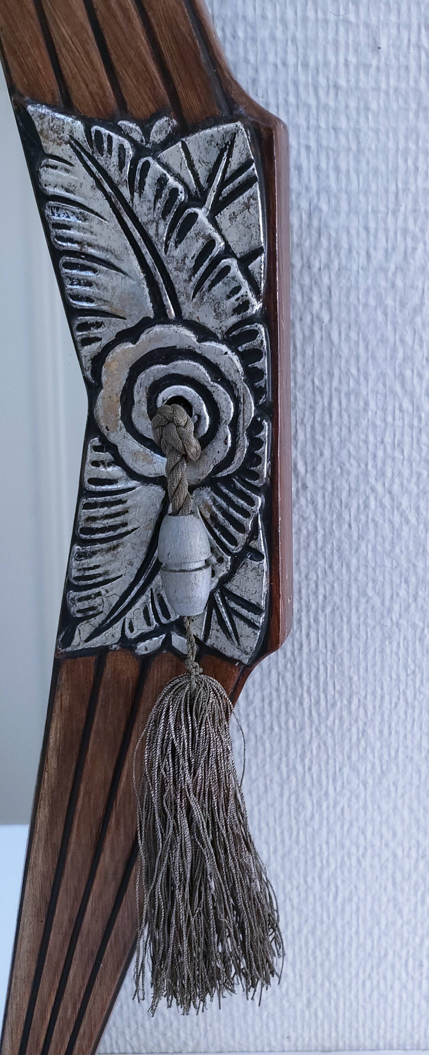 Miroir Art Déco en bois, stuc et passementerie